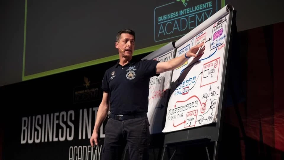 Massimo Gori durante una formazione dal vivo, mentre spiega le mappe per costruire un funnel